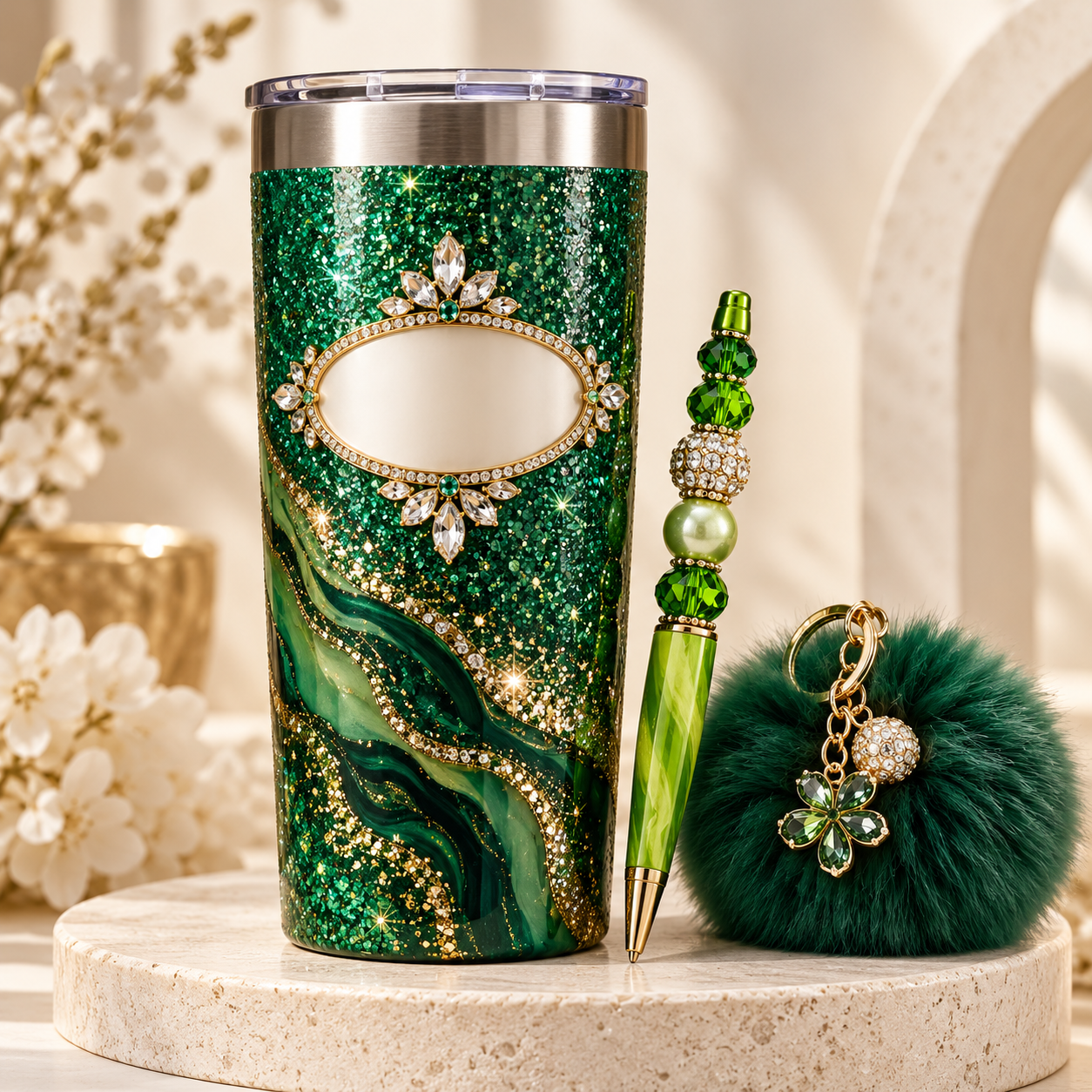 Emerald customizable tumbler gift bundle with matching pen and keychain